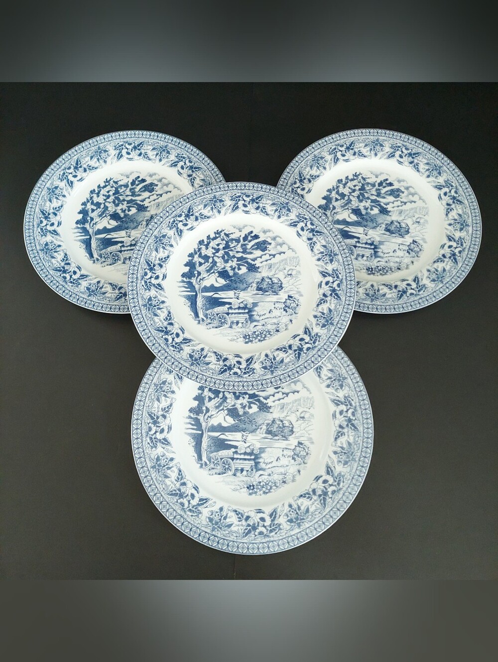 Set of 4 Royal Heritage Country Cottage Dinner Plates 10.75” Blue White Toile